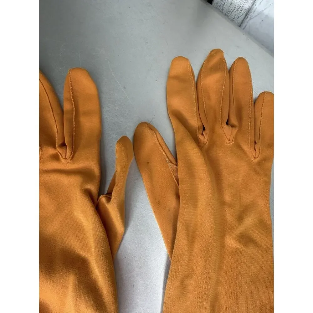 Vintage 50s 60s Orange Cotton Blend Elbow Gloves Pull On Approx Size 7 Driving